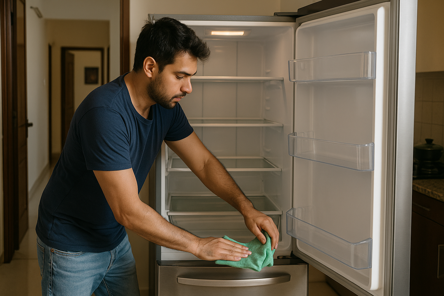 man cleaning fridge